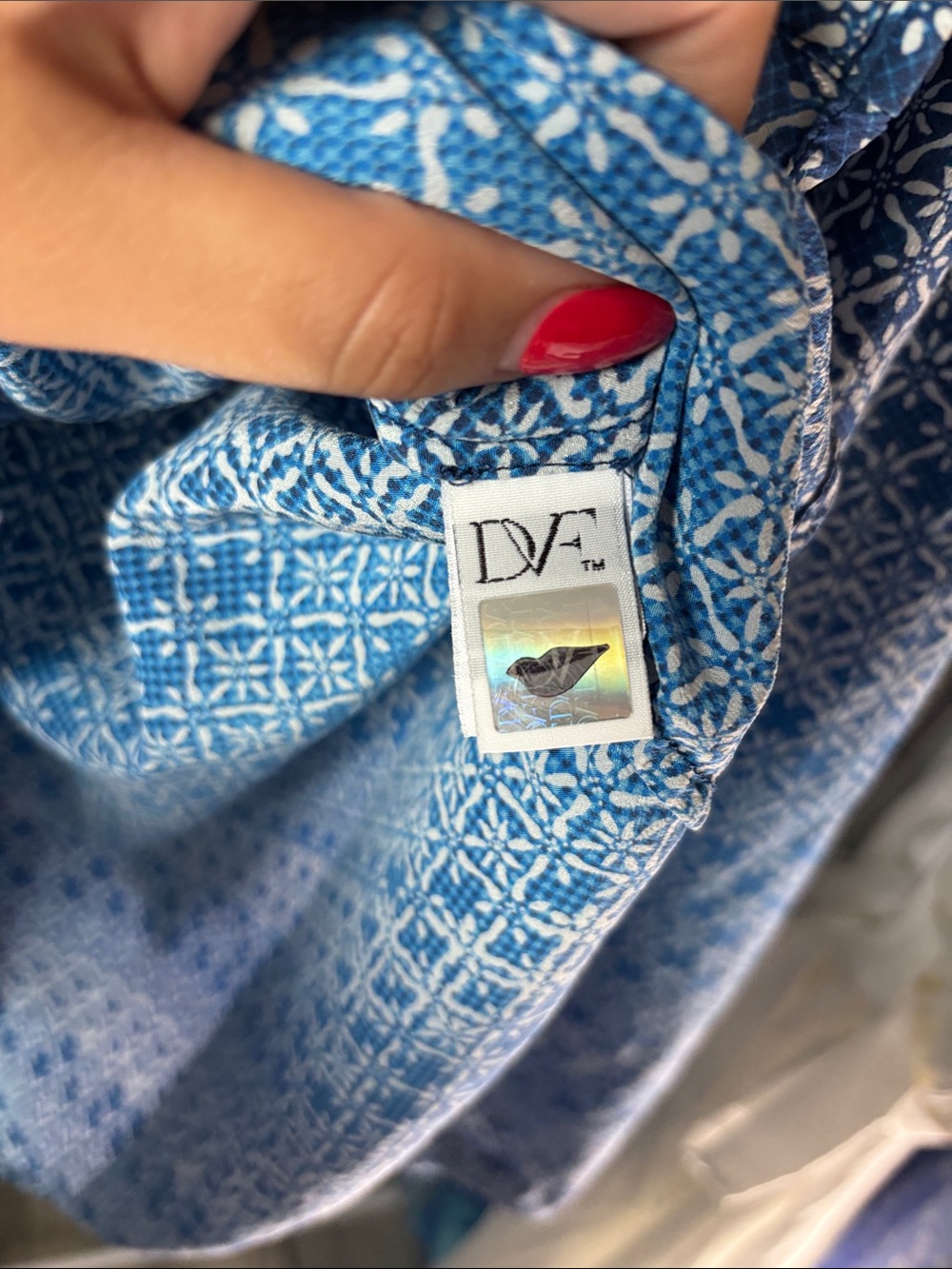 Diane Von Furstenberg Blue and White Printed Button-Down Blouse - Picture 3 of 12